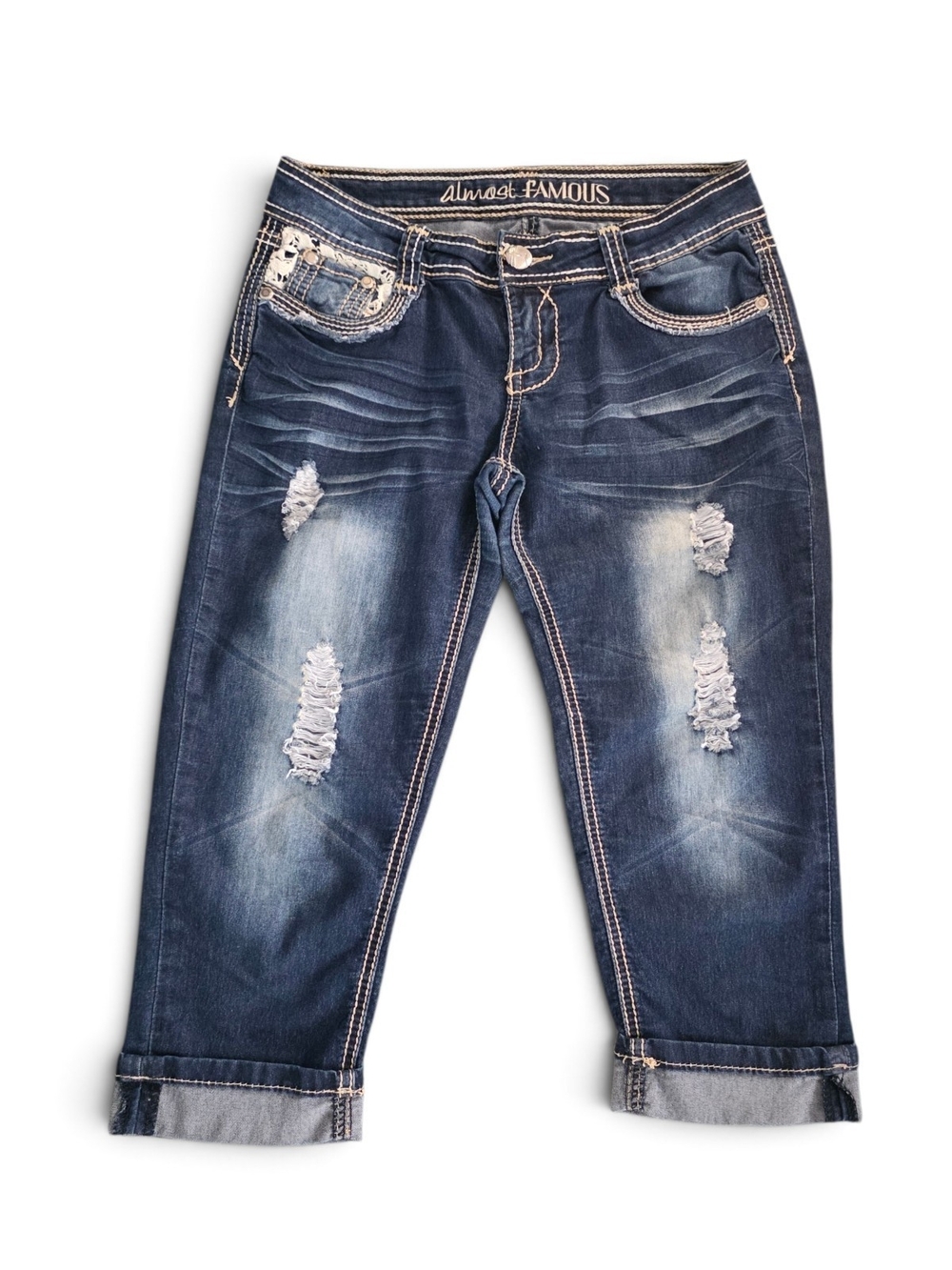 Almost Famous Juniors Dark Blue Distressed Capri Jeans